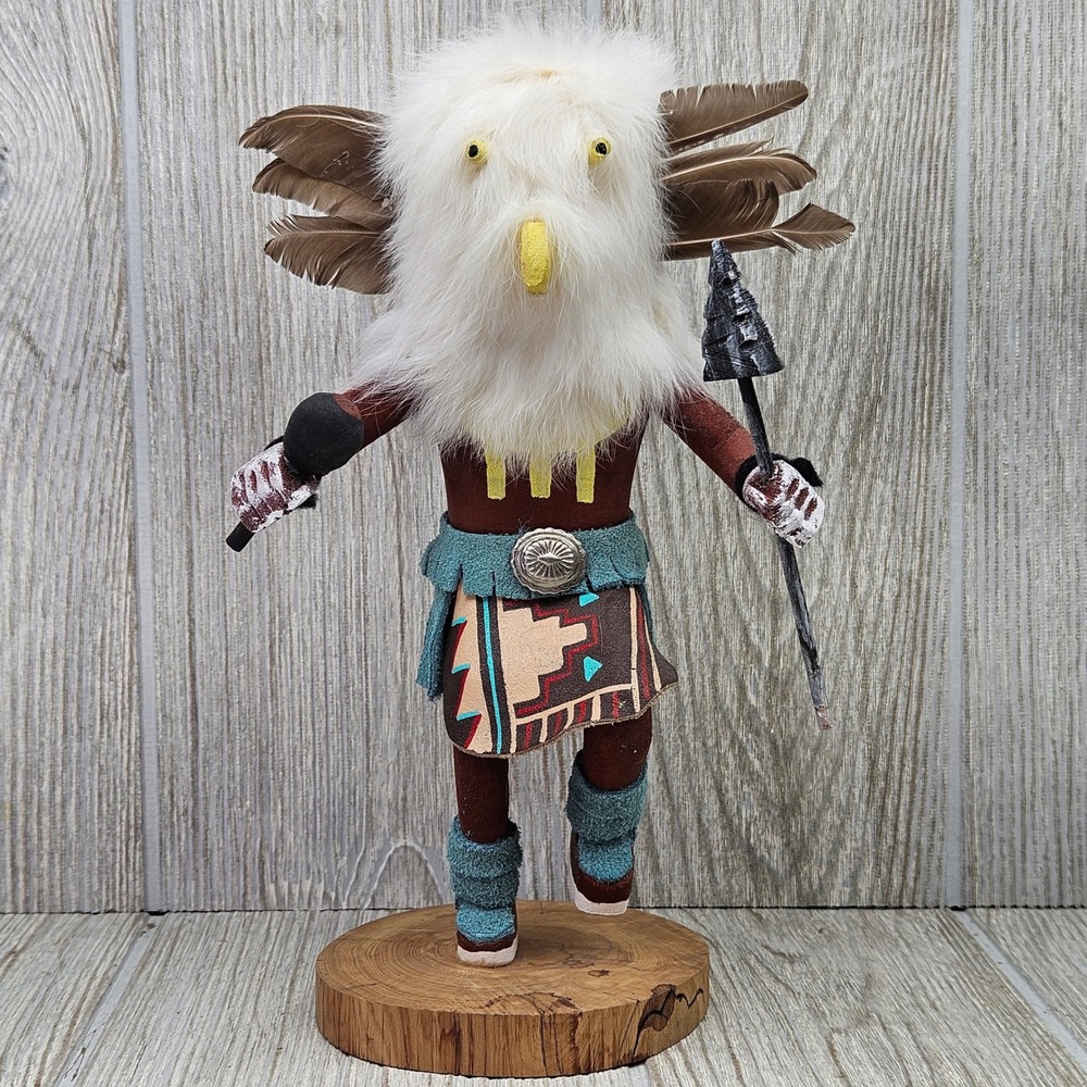 LaVerna Vandever Signed Native American Owl Kachina Doll Wood Leather Fur